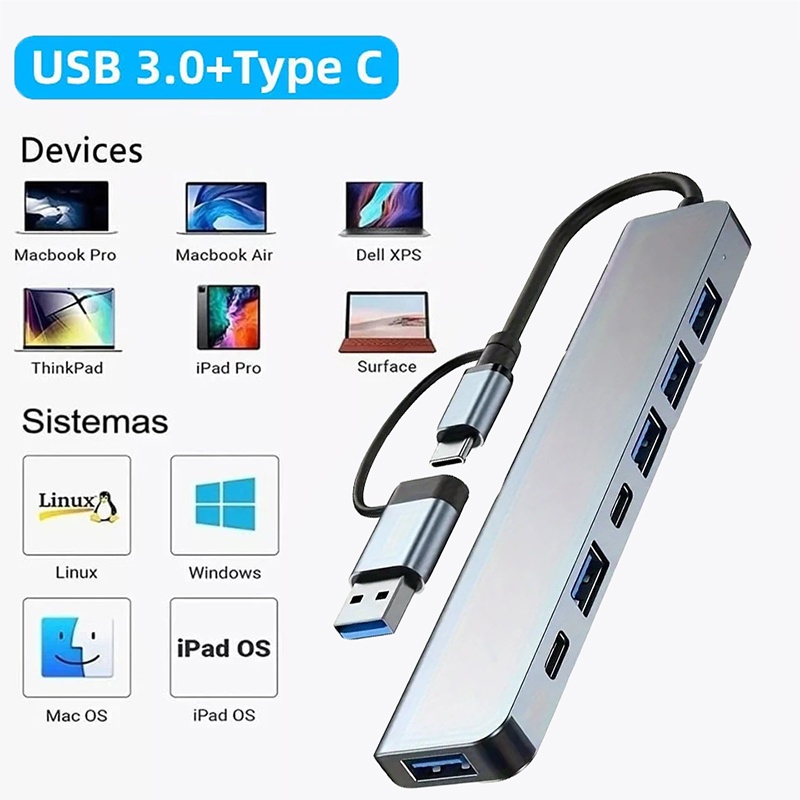 Laptop Accessories For Programmers - 2-in-1 USB3.0-Hub mit 7 Anschlüssen, Typ-C-Extender-Splitter