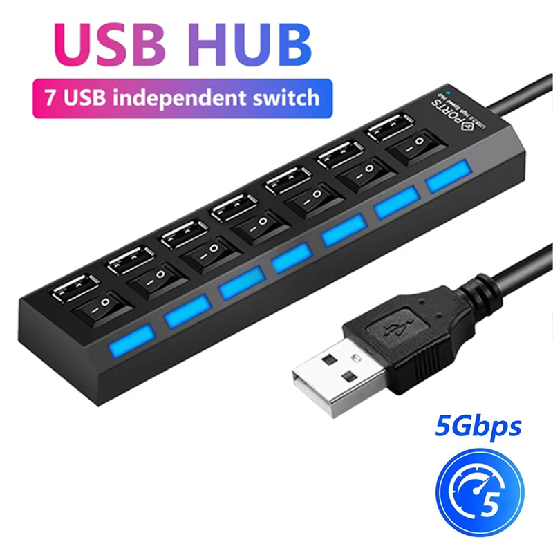 Laptop Accessories All - 7-Port-USB-2.0-Hub-Splitter für Laptop-Computerzubehör, LED-Anzeige, unabhängige Steuerung,